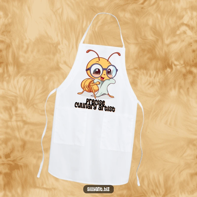 Funny ant polishing tiny spectacles, a humorous and functional chef apron.