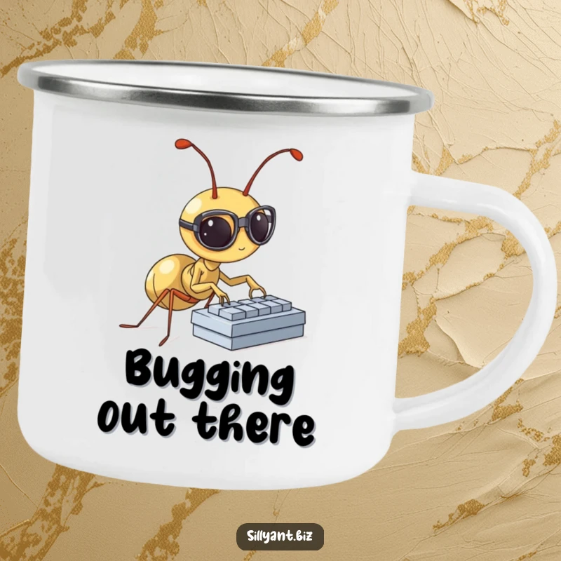 Funny Camping Mug: A tiny ant with spectacles types diligently on a miniature keyboard.