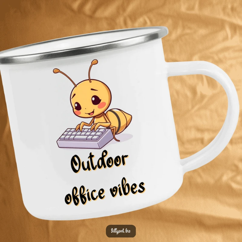 Funny ant typing on a tiny keyboard, a humorous camping mug for tech lovers.