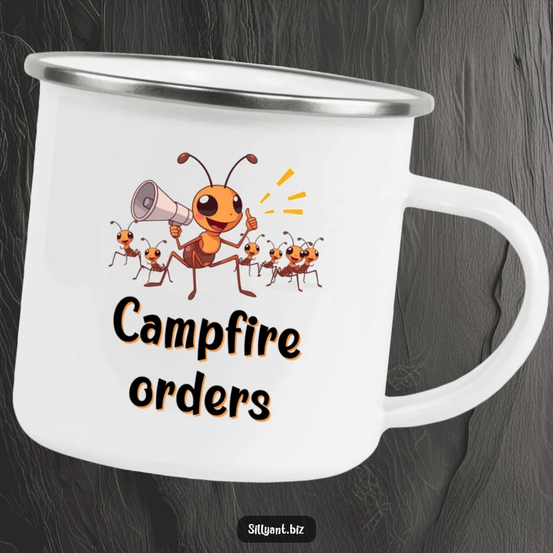 Funny Camping Mug: An ant boss excitedly uses a megaphone to direct other ants.
