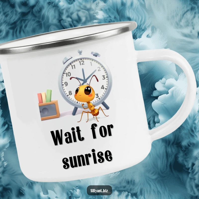 Funny Ant Clock Watcher Camp Mug: A durable camp mug with a cute ant character looking up at a large office clock.