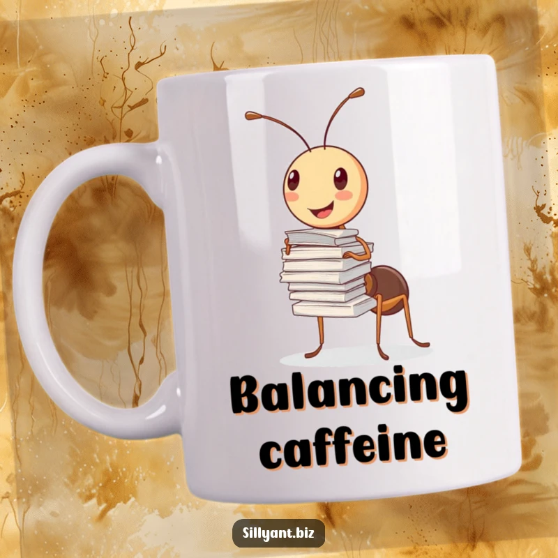 Funny Mug: A cheerful ant balances a tall stack of papers using only one antenna.