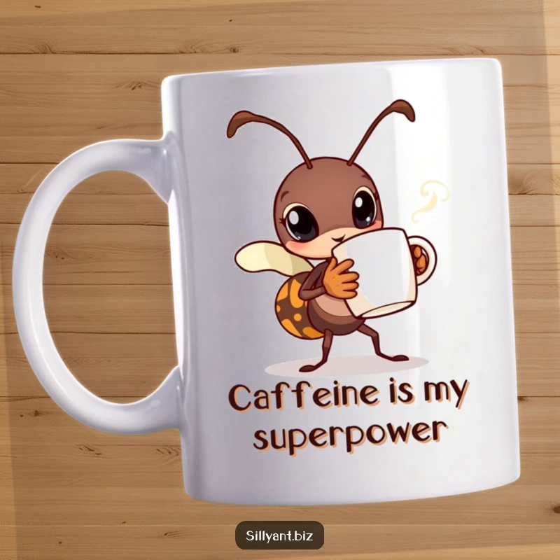 Funny Busy Ant Coffee Mug: A hardworking ant character carrying a tiny coffee mug with steam, embodying morning hustle.