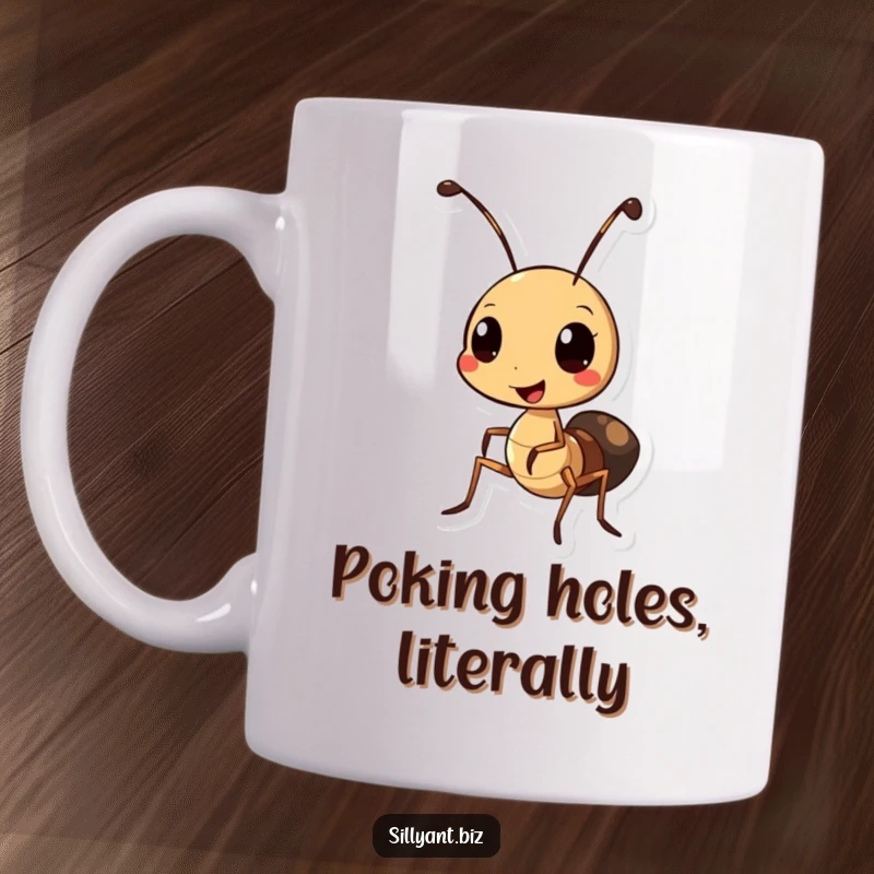Funny Ant Hole Punch Mug: A cheerful ant character busily using a miniature hole punch, bringing office humor.
