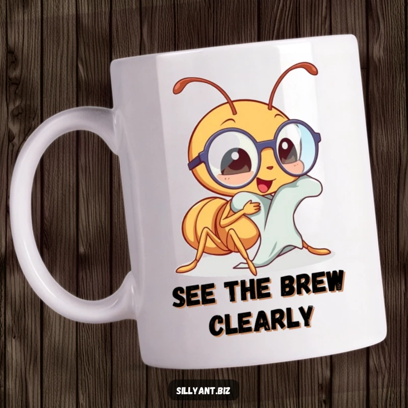 Funny kawaii ant polishing tiny spectacles with a cloth, a humorous mug for the detail-oriented.