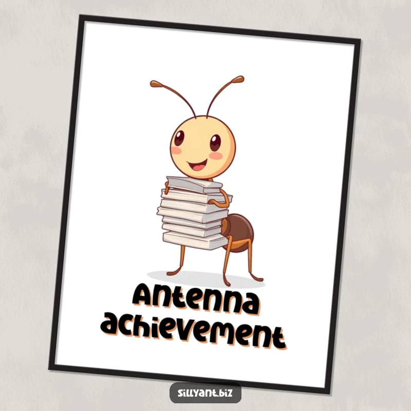 Digital art print of a cheerful ant balancing a tall stack of papers with one antenna.