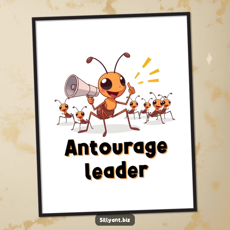 Digital art print of an ant boss excitedly using a tiny megaphone to direct other ants.