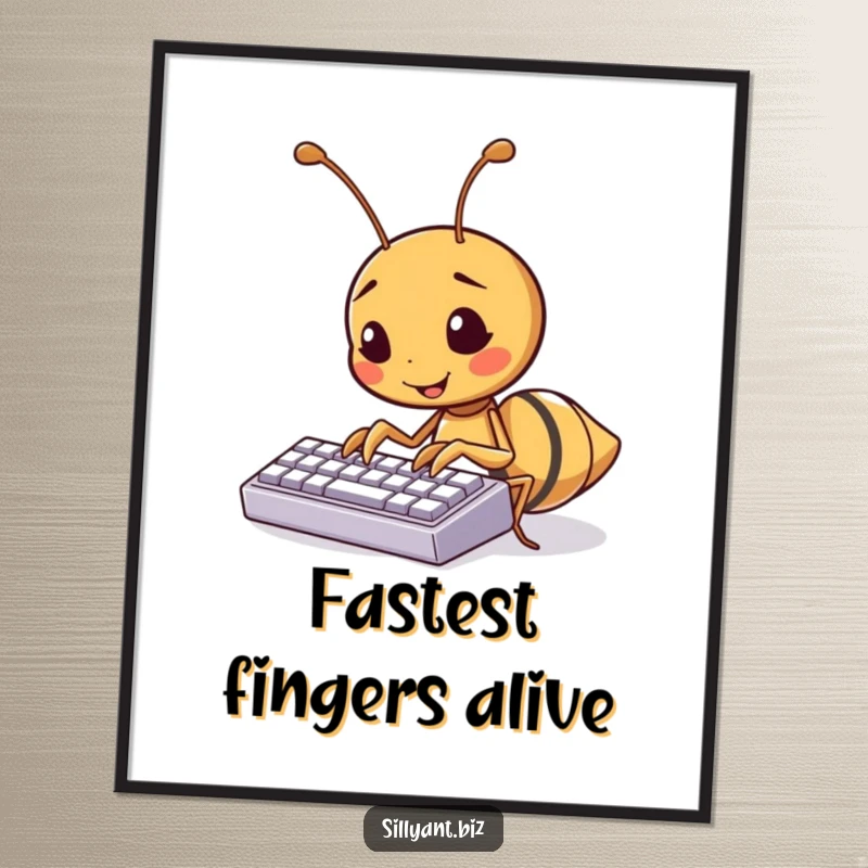 Funny kawaii ant character typing on a tiny keyboard, humorous digital art print.