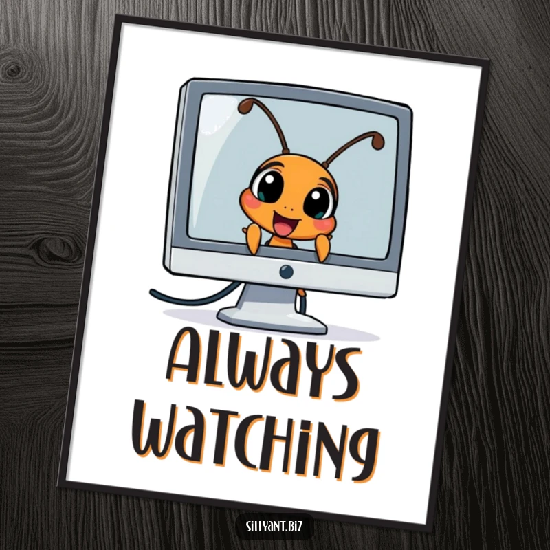 Funny Ant Peeking Digital Art: Printable art of an ant character peeking excitedly from behind a computer monitor.