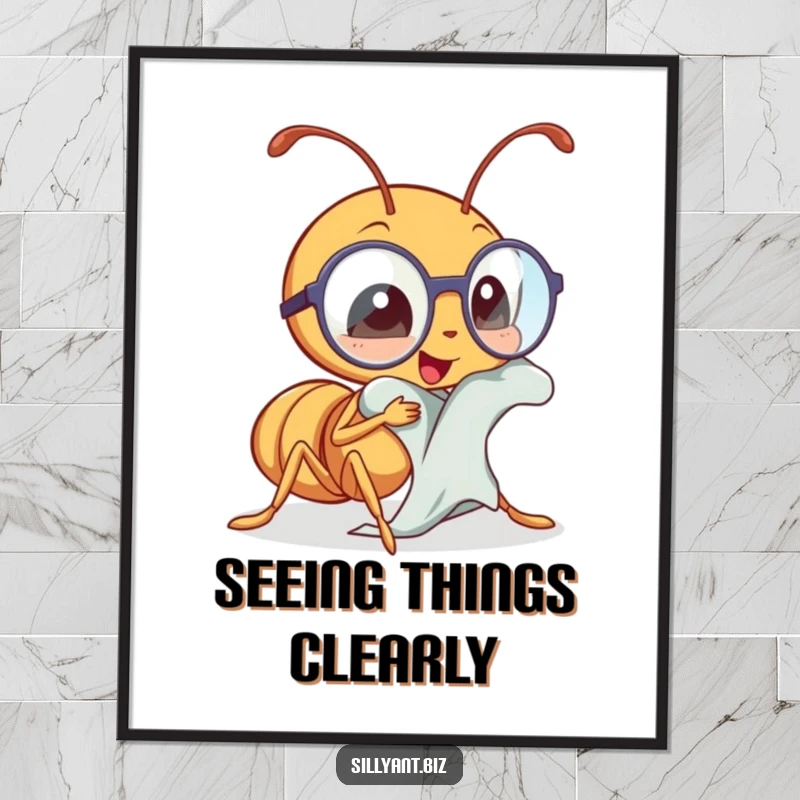 Funny kawaii ant polishing tiny spectacles with a cloth, humorous digital art print.