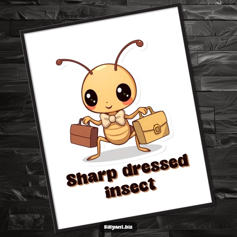 Funny kawaii ant wearing a bowtie, holding a tiny briefcase, humorous digital art.