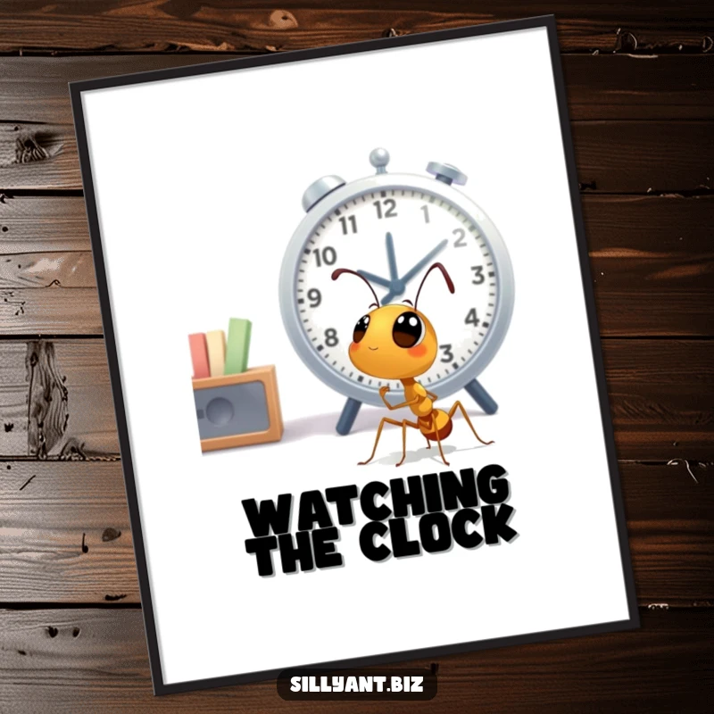 Funny Ant Clock Watcher Digital Art: Printable art of a cute ant character looking up at a large office clock.