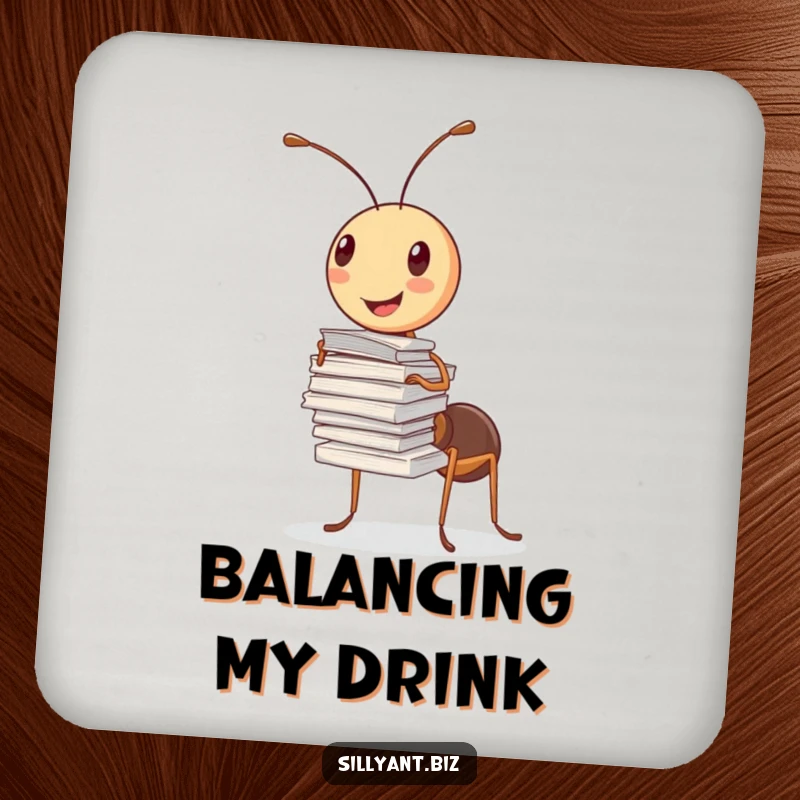 Funny Coaster: A cheerful ant balances a tall stack of papers with one antenna.