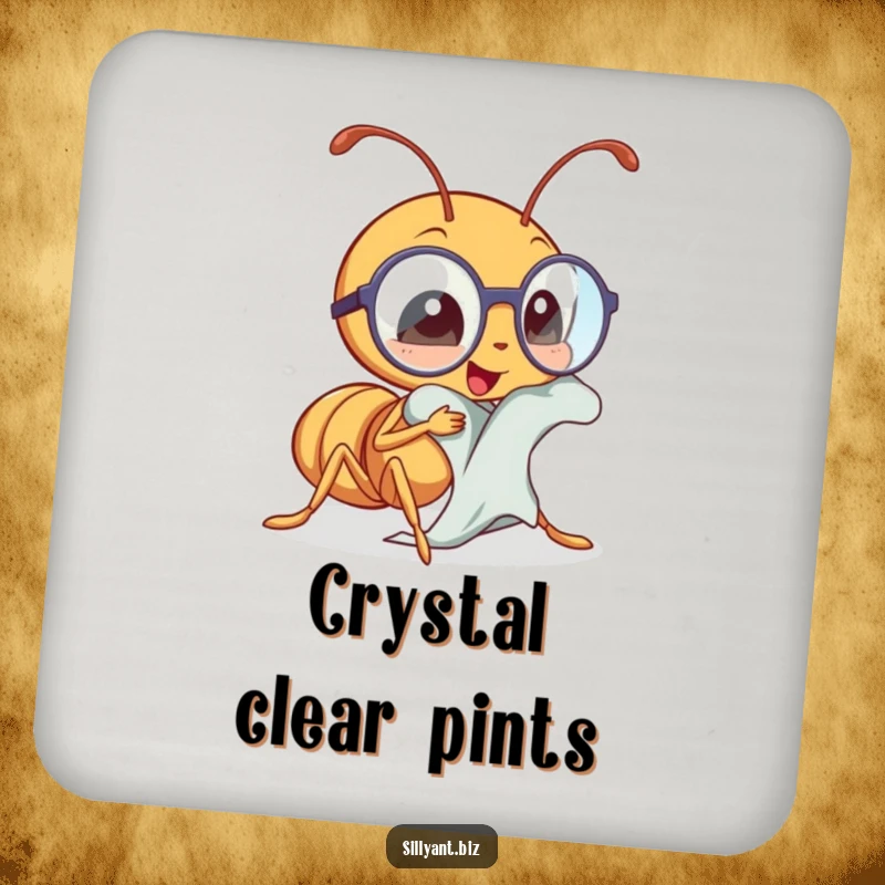 Funny ant polishing tiny spectacles, humorous drink coasters for detail-oriented people.