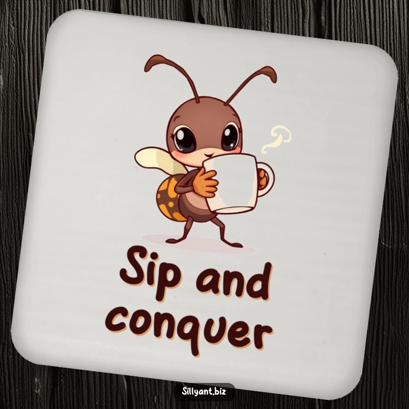 Funny Busy Ant Coffee Coaster: A coaster featuring a busy ant carrying a tiny coffee mug with steam.