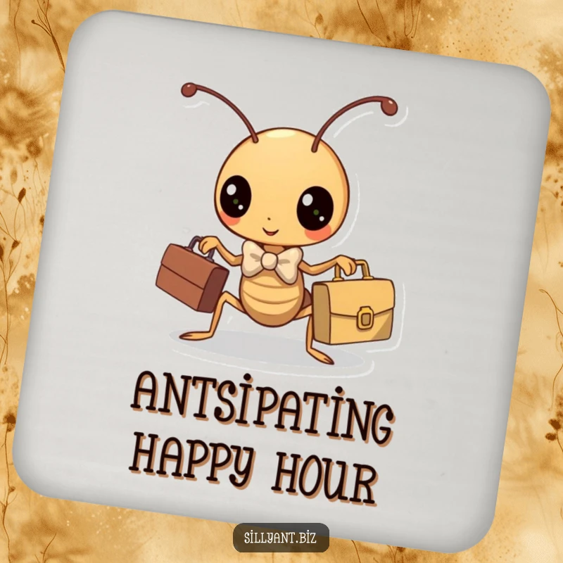 Funny ant in a bowtie holding a tiny briefcase, humorous drink coasters.