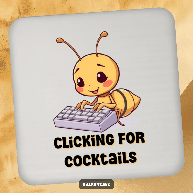 Funny ant typing on a tiny keyboard, humorous drink coasters for tech enthusiasts.
