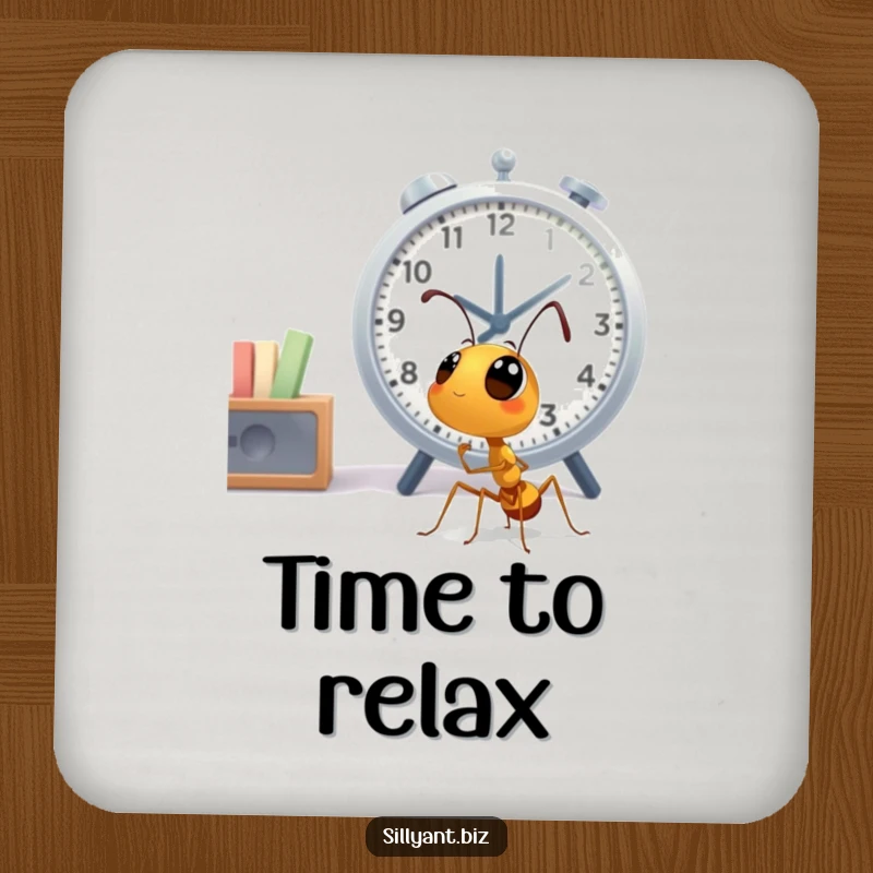 Funny Ant Clock Watcher Coaster: A coaster featuring a cute ant character looking up at a large office clock.