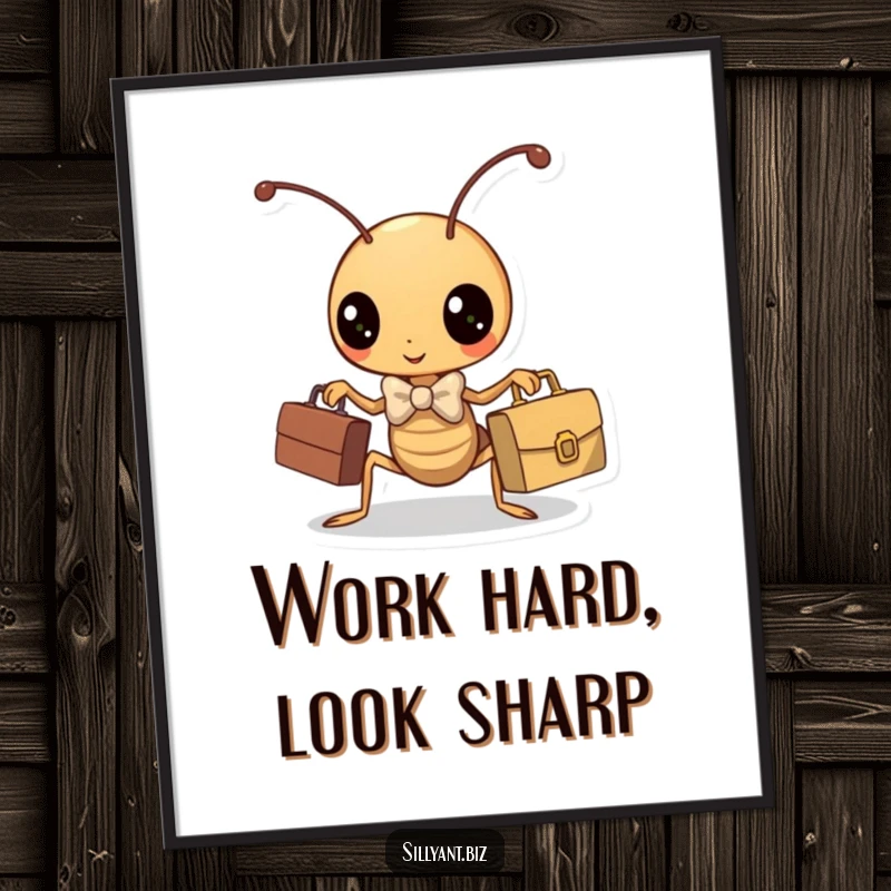 Funny kawaii ant wearing a bowtie and holding a briefcase, humorous business poster.