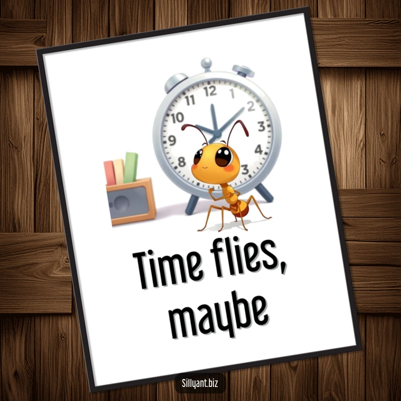 Funny Ant Clock Watcher Poster: Wall art of a cute ant character gazing up at a large office clock with wide, expectant eyes.