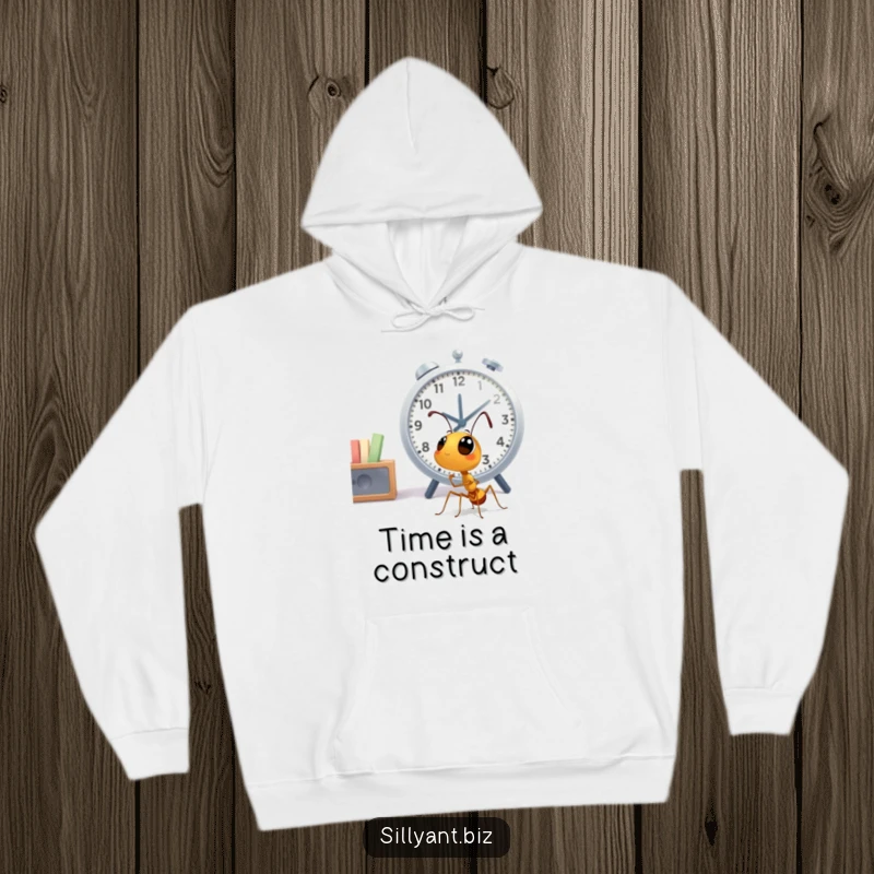 Funny Ant Clock Watcher Hoodie: A comfortable hoodie depicting a cute ant character staring up at a large office clock.