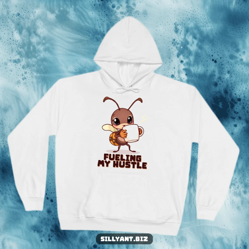 Funny Busy Ant Coffee Hoodie: A comfortable hoodie depicting a busy ant carrying a tiny cup of coffee with steam.