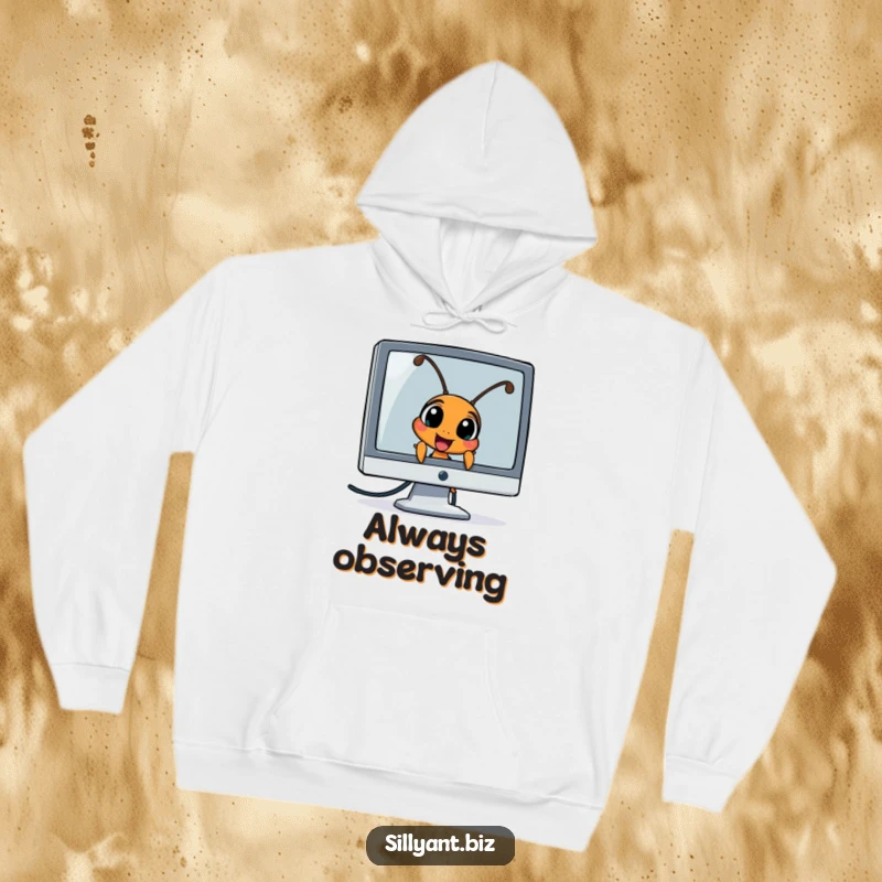 Funny Ant Peeking Hoodie: A cozy hoodie featuring an ant character curiously peeking from behind a computer monitor.
