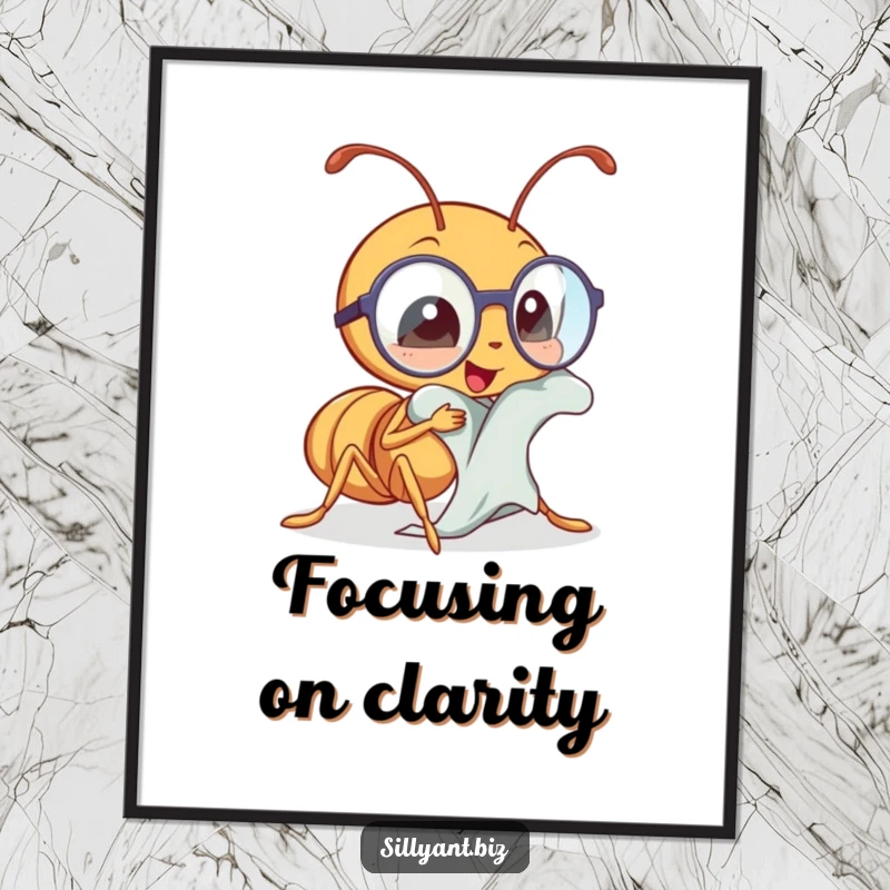 Funny Free Printable Wall Art: A kawaii ant meticulously polishing tiny spectacles with a cloth, exuding focus and intelligence. Office humor.