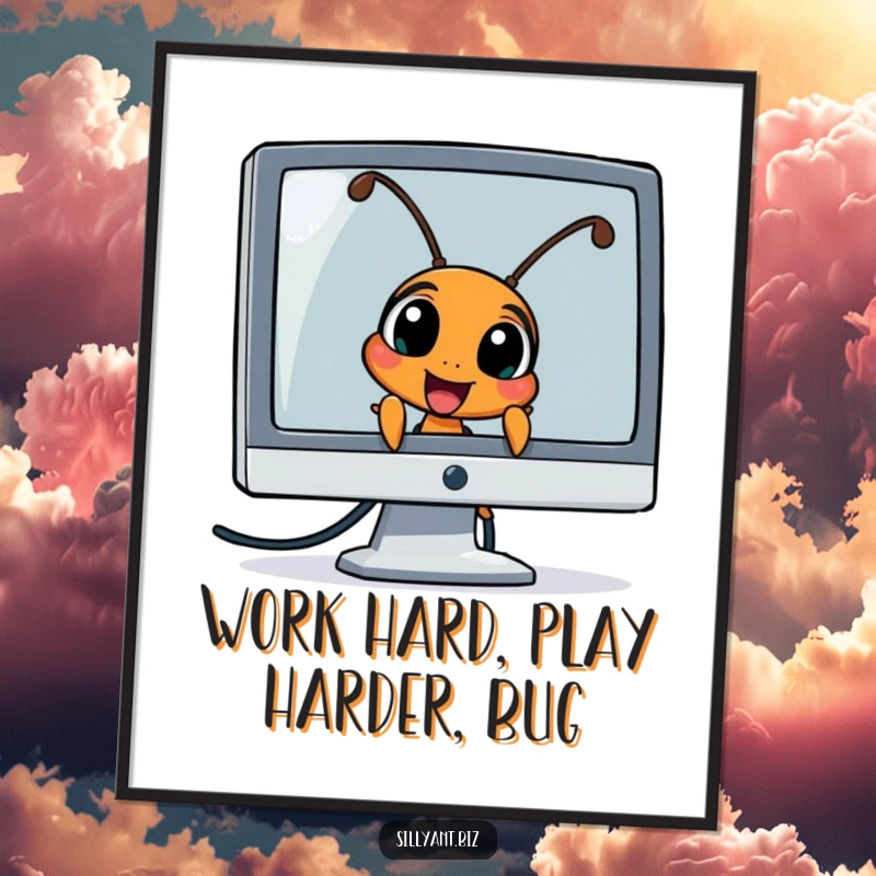 Humorous Free Printable Wall Art: An ant character peeking with excitement from behind a computer monitor, perfect for tech lovers.