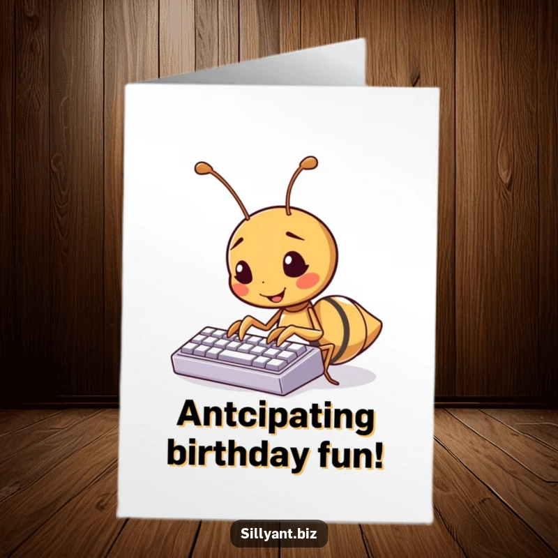 Funny Free Printable Birthday Card: A kawaii ant furiously typing on a tiny keyboard, celebrating with excitement. Tech humor.