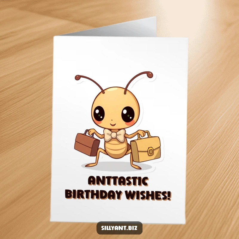 Funny Free Printable Birthday Card: A cute kawaii ant in a bowtie holds a briefcase, ready for business. Smart and stylish.