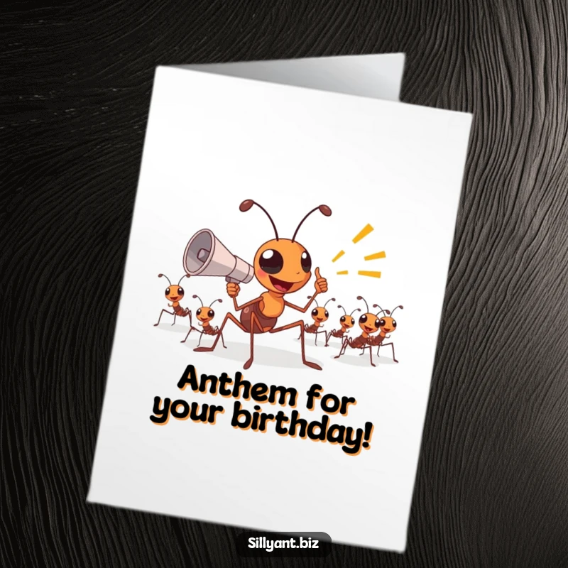 Funny Free Printable Birthday Card: Ant boss shouts into a megaphone, directing troops with birthday enthusiasm.