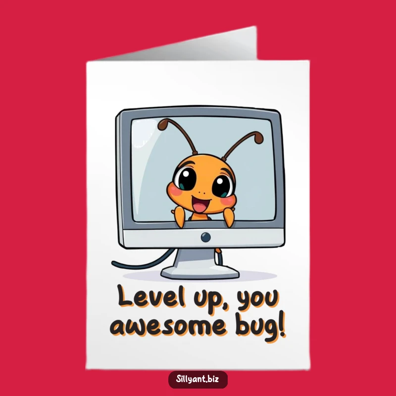 Free Printable Birthday Card: Excited Ant Behind Monitor - Funny Downloadable Birthday Gift