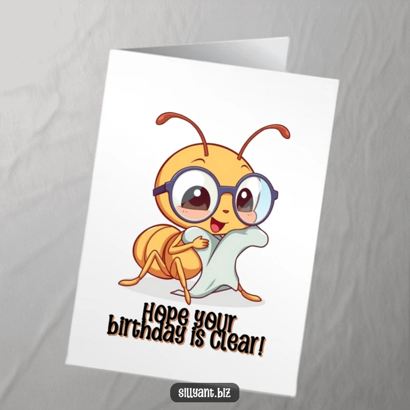 Funny Free Printable Birthday Card: A kawaii ant meticulously polishing tiny spectacles, looking smart and focused. Intellectual humor.