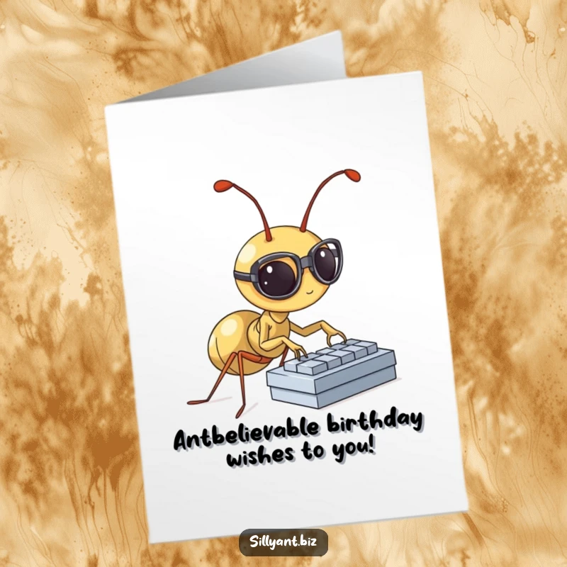 Funny Free Printable Birthday Card: Tiny ant in spectacles types furiously on a mini keyboard, a scholarly birthday wish.