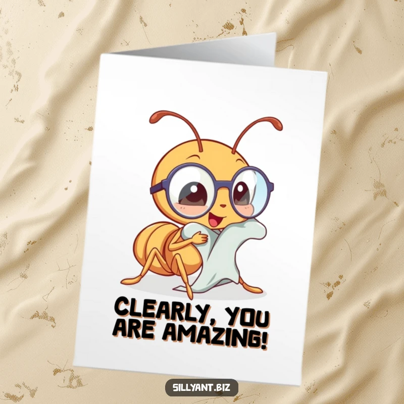 Funny Free Printable Congratulations Card: A kawaii ant polishing its tiny glasses, symbolizing clear vision and successful outcomes. Smart achievement.