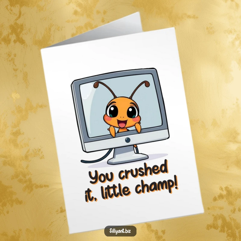 Free Printable Congratulations Card: An ant character peeking excitedly from behind a computer monitor, congratulating success.