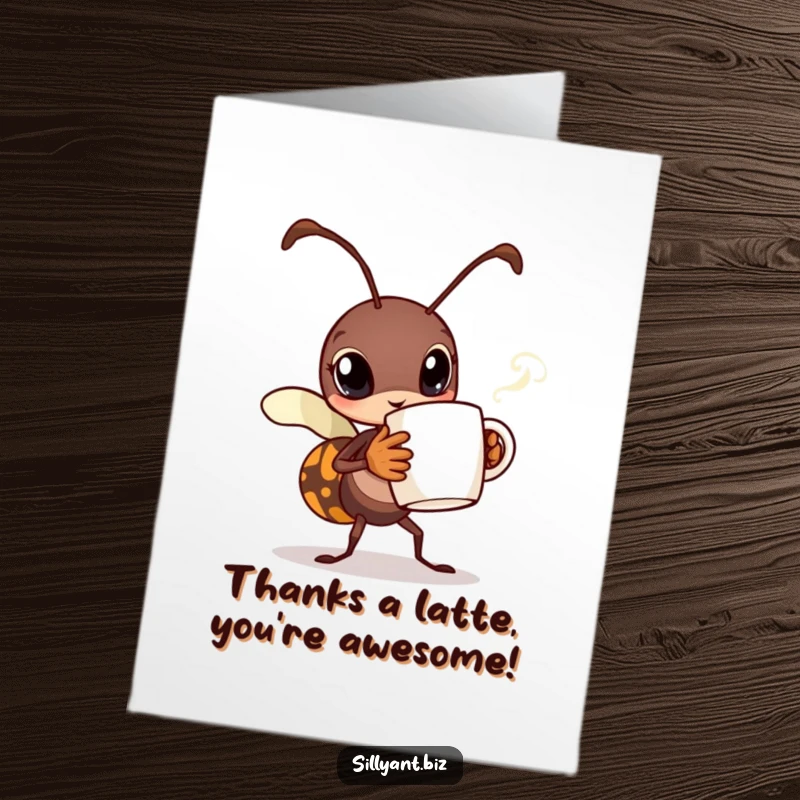 Funny Free Printable Thank You Card: Ant carrying a tiny coffee mug with steam, conveying thanks with downloadable humor.