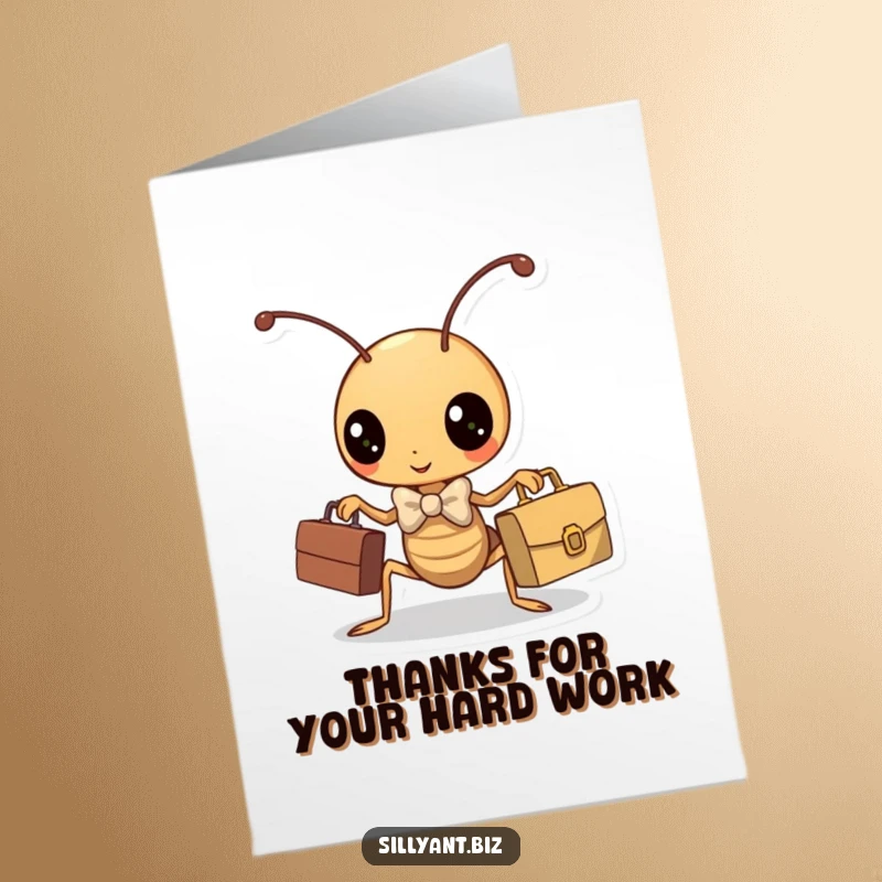 Funny Free Printable Thank You Card: A cute kawaii ant in a bowtie holds a briefcase, showing sincere thanks. Professional gratitude.