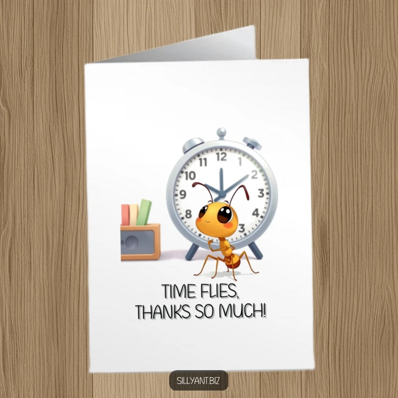 Funny Free Printable Thank You Card: Cute ant with wide eyes looking at a large office clock, conveying thanks.