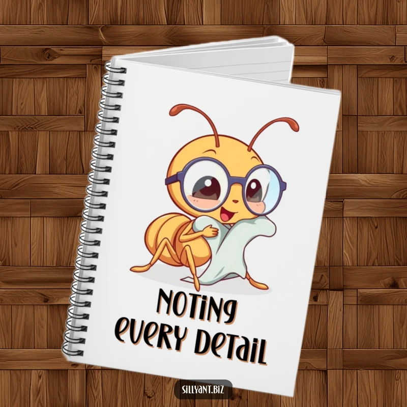 Funny kawaii ant polishing tiny spectacles, a humorous and useful notebook.