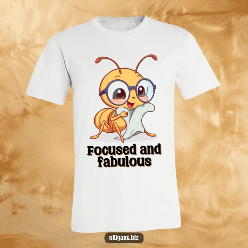 Funny kawaii ant carefully polishing tiny spectacles, a humorous t-shirt for detail-oriented individuals.