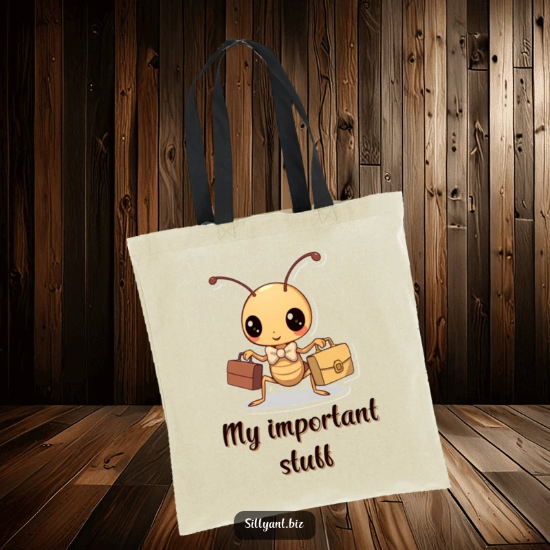 Funny ant in a bowtie with a tiny briefcase, a humorous and practical tote bag.